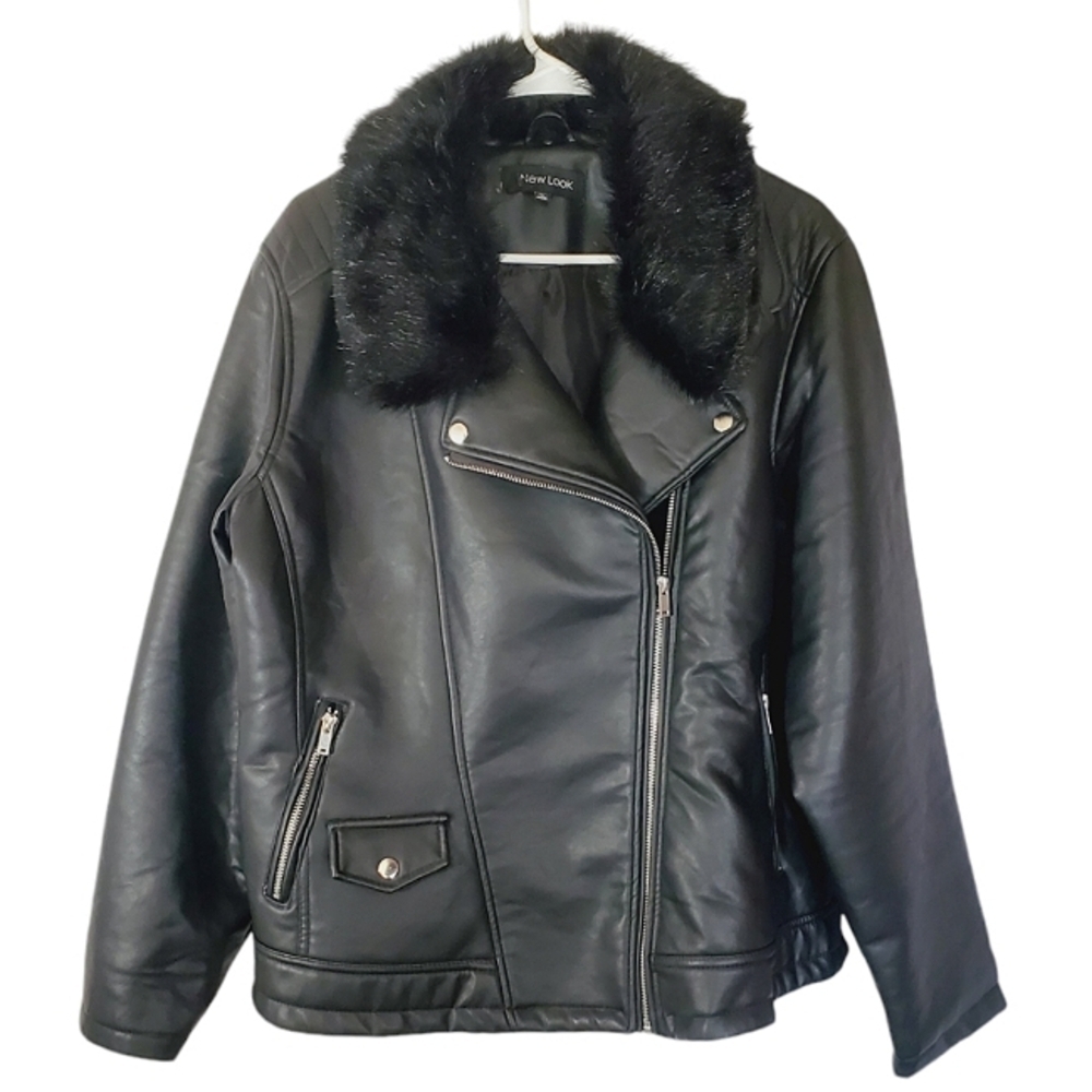 New Look Black Leather Jacket with Faux Fur Collar